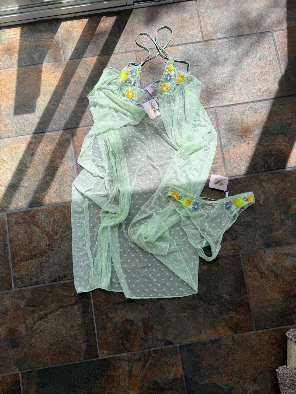 Savage X Fenty Sheer Light Green Polka-Dot Chemise with Floral Embroidered Cups